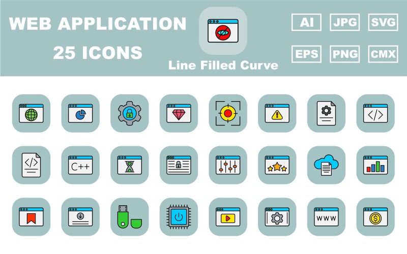 25 Pacchetto icone curve riempite con linee di applicazioni e web premium