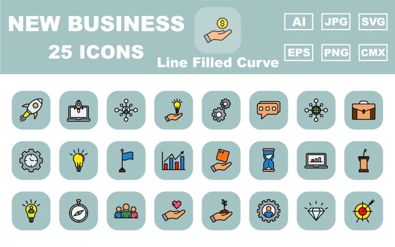 25 paquete de iconos de curva llena de nueva línea de negocio premium