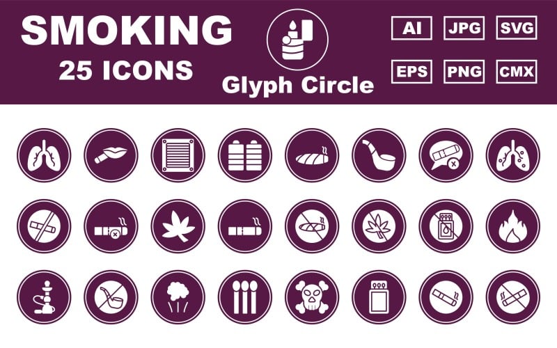 25 pack d'icônes de cercle de glyphe de fumer Premium