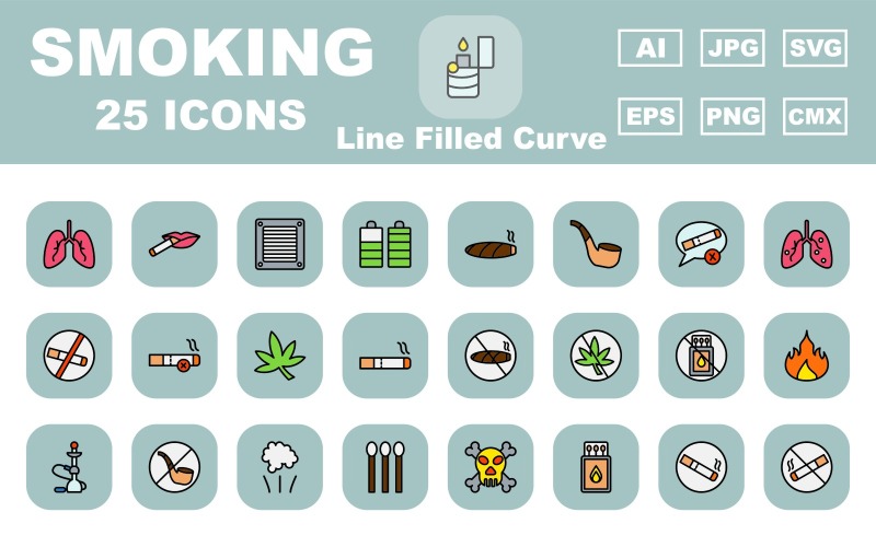 Paquete de 25 íconos de curvas llenas de línea de fumar premium