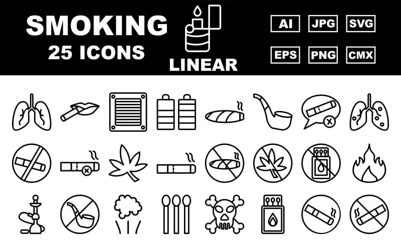 Paquete de 25 íconos lineales premium para fumar