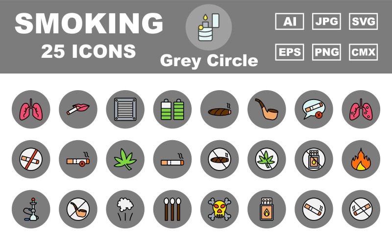 Paquete de 25 íconos premium de círculo gris para fumar