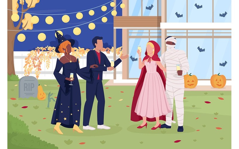 Гости в карнавальных костюмах на вечеринке в честь Хэллоуина с плоской цветовой векторной иллюстрацией
