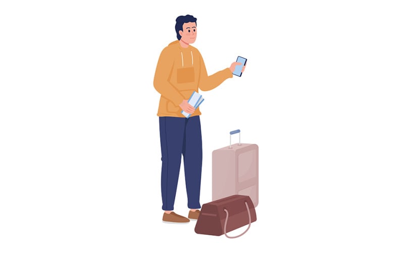 Jeune homme avec des sacs à bagages et un billet d'avion caractère vectoriel de couleur semi-plat