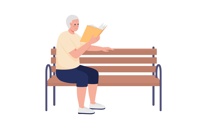 Pensionista masculino lendo livro e sentado no banco personagem de vetor de cor semi plana