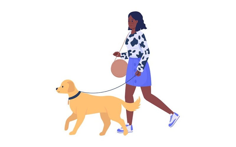 Snygg kvinna promenader hund på gatan semi platt färg vektor tecken
