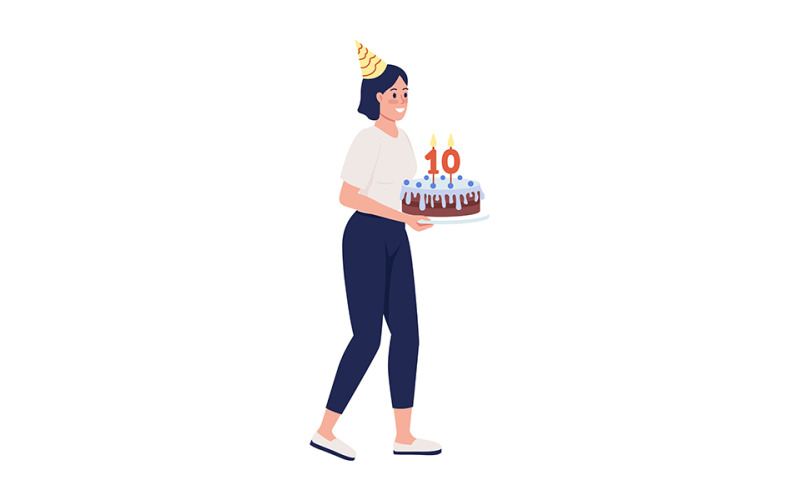 带生日蛋糕半平面彩色矢量字符的女士