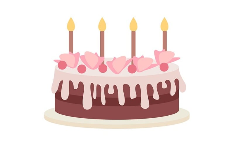 Gâteau d'anniversaire avec décorations objet vectoriel de couleur semi-plat