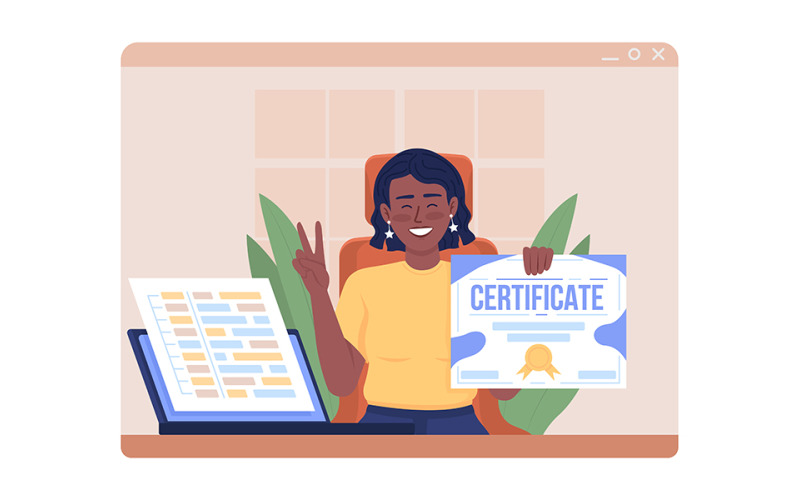 Happy girl holding certificate 2D vector isolated illustration