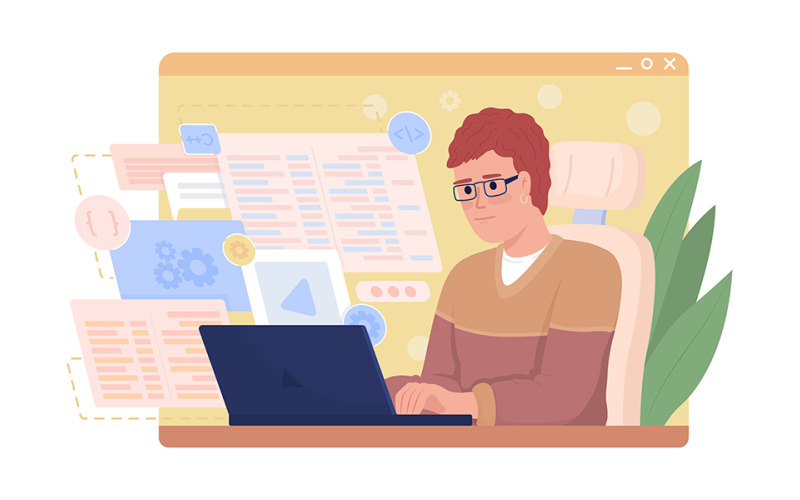 Programista w pracy Ilustracja wektorowa 2D na białym tle