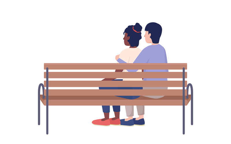 在长凳半平面彩色矢量字符上拥抱情侣