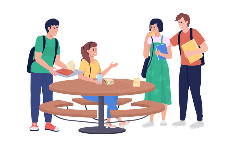 Alunos no almoço ao ar livre personagens vetoriais de cores semi planas