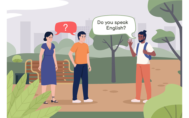 Viajero tratando de comunicarse con personas extranjeras ilustración de vector de color plano