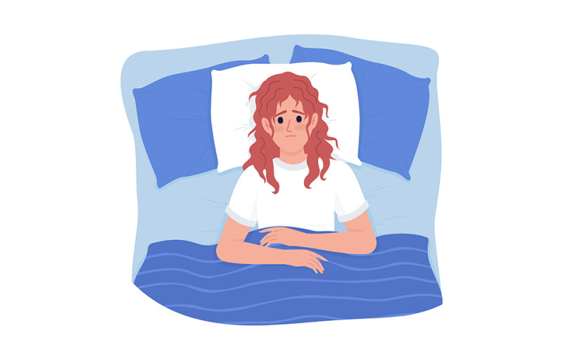 Femme bouleversée avec caractère de vecteur de couleur semi-plat insomnie