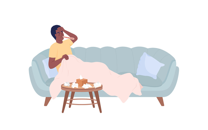 Hombre con alta temperatura descansando en un sofá de color semi plano de carácter vectorial