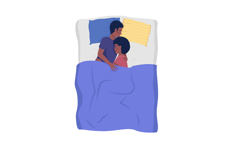 Jeune famille dormant dans la chambre à coucher caractères vectoriels de couleur semi-plat