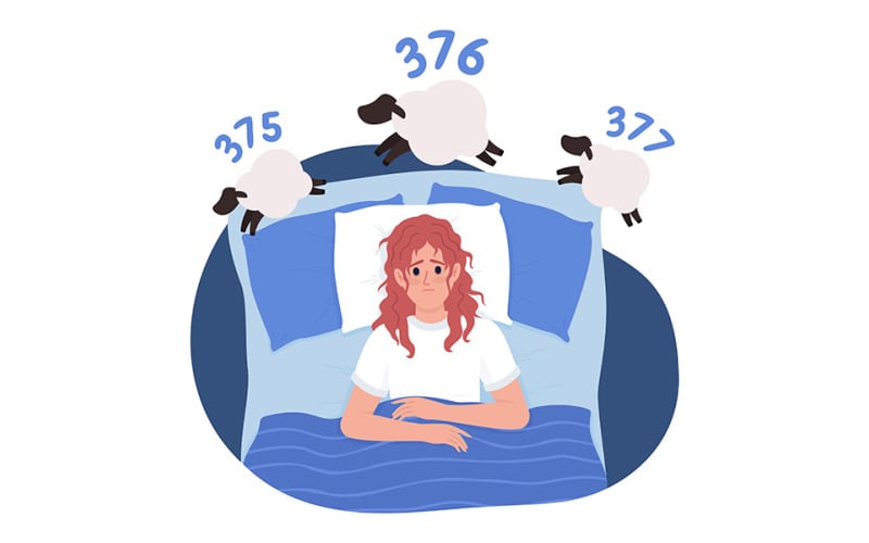 Kobieta z bezsennością w łóżku 2D ilustracji wektorowych na białym tle