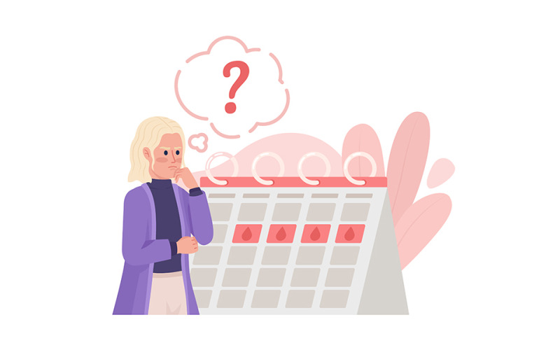 Kvinna orolig av menstruationscykeln 2D vektor isolerad illustration