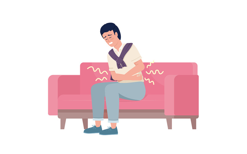Mann, der unter Bauchschmerzen auf dem Sofa leidet, halbflacher Farbvektorcharakter