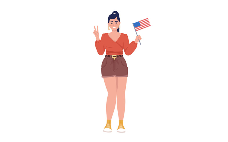 Mujer alegre con carácter de vector de color semi plano de bandera americana