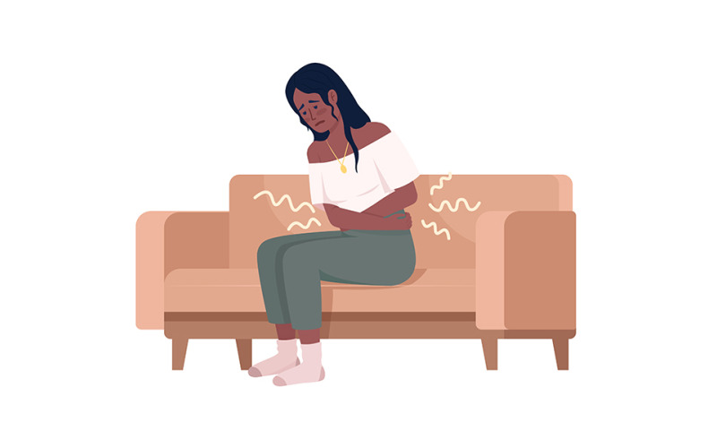 Mujer con dolor en el abdomen carácter vectorial de color semiplano