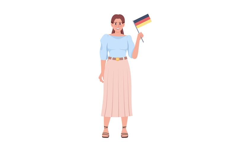 Mujer feliz con carácter de vector de color semi plano de bandera alemana