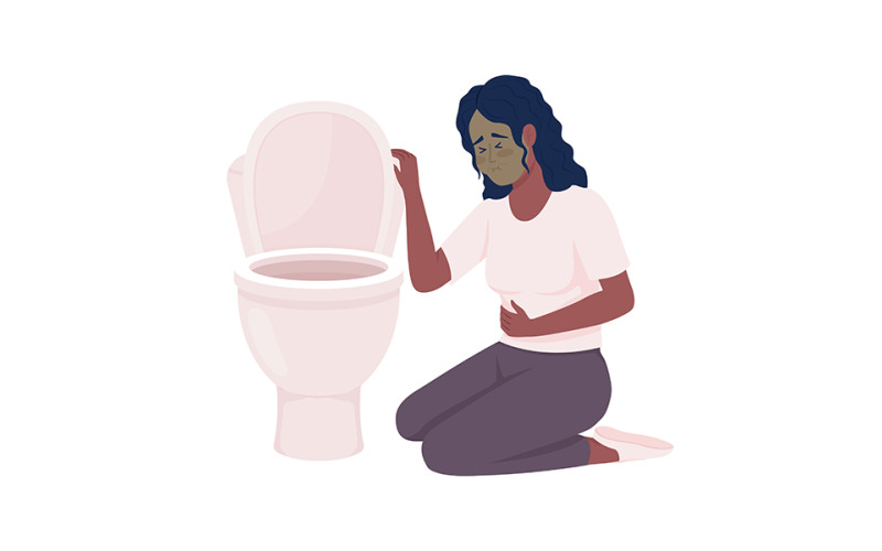 Upprörd kvinna med illamående och toalettskål semi platt färg vektor karaktär