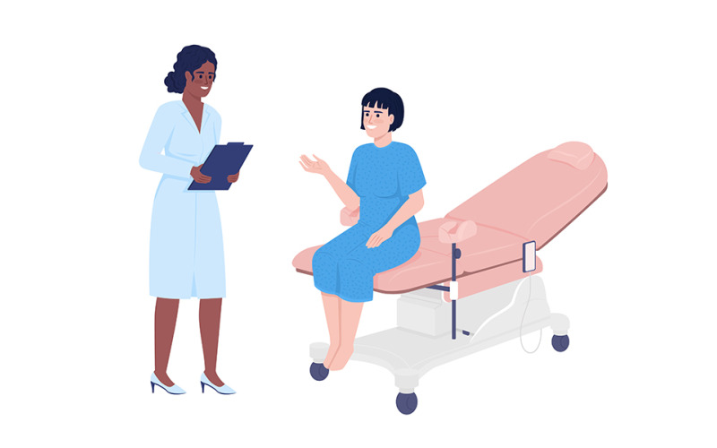 Žena na schůzku gynekologa semi ploché barevné vektorové znaky