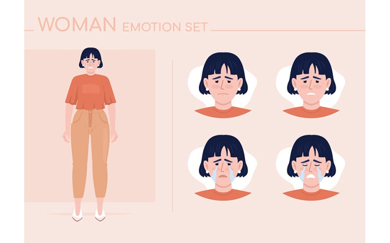 Bouleversé la jeune femme couleur semi-plate jeu d'émotions de caractère
