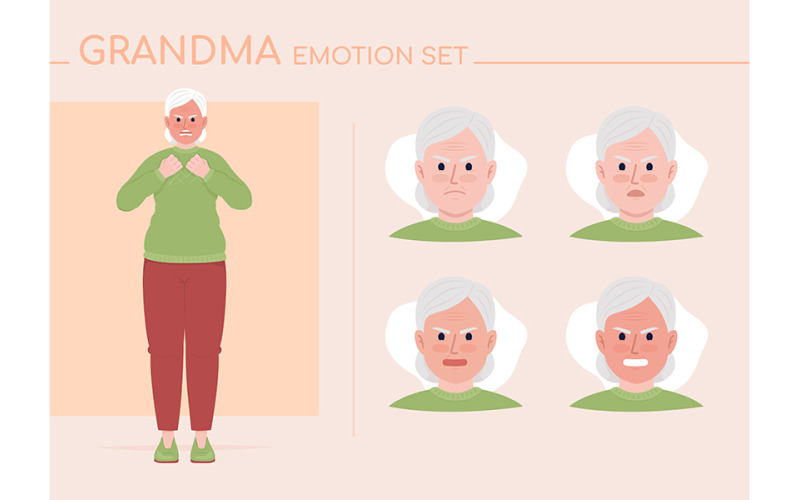 Boze oma semi-egale kleur karakter emoties set