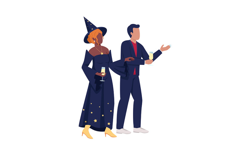 Coppia che indossa costumi di Halloween con caratteri vettoriali a colori semi piatti