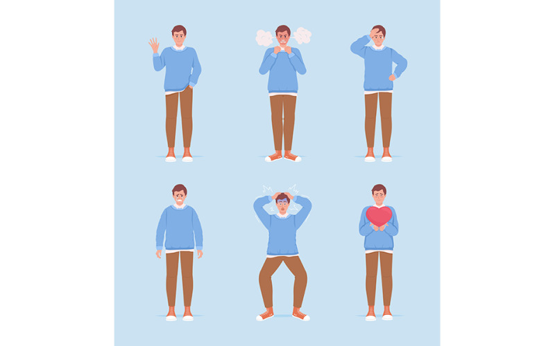 Férfiak különböző érzelmek félig lapos színű vektoros karakterkészlet bemutatása