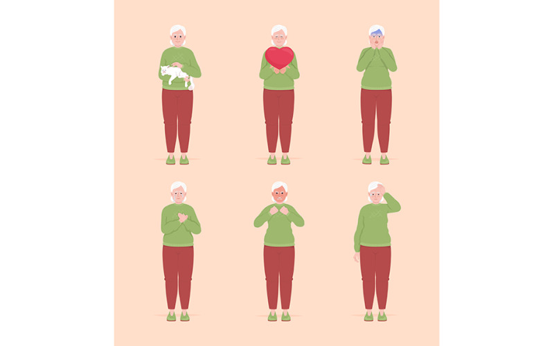 Idősebb nők különböző hangulatok félig lapos színű vektoros karakterkészlet