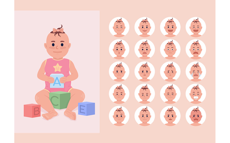 Känslomässiga villkor för baby flicka semi platt färg karaktär känslor set