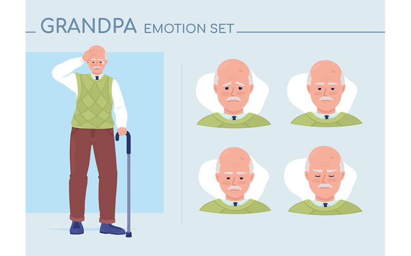 Kételkedő idősebb férfi félig lapos színű karakter érzelmek beállítása