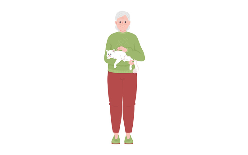 Пожилая женщина обнимает кошку полуплоский цветной векторный характер