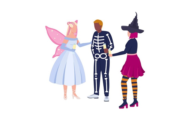 Přátelé s kostýmy oslavujícími Halloween semi ploché barevné vektorové znaky
