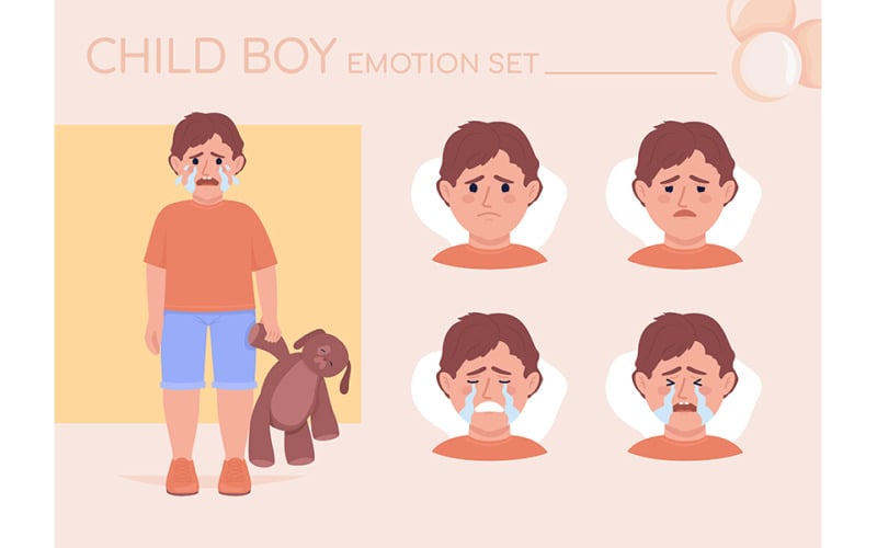 Ragazzino offeso che piange set di emozioni di personaggi di colore semi piatto