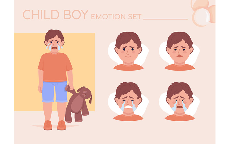 Rahatsız küçük çocuk ağlayan yarı düz renk karakter duyguları seti