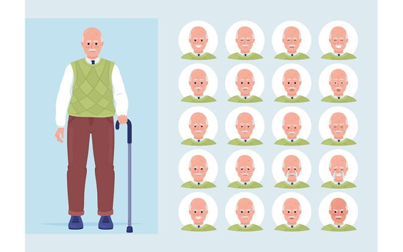 Różne stany psychiczne starszego mężczyzny, zestaw pół płaskich kolorów postaci
