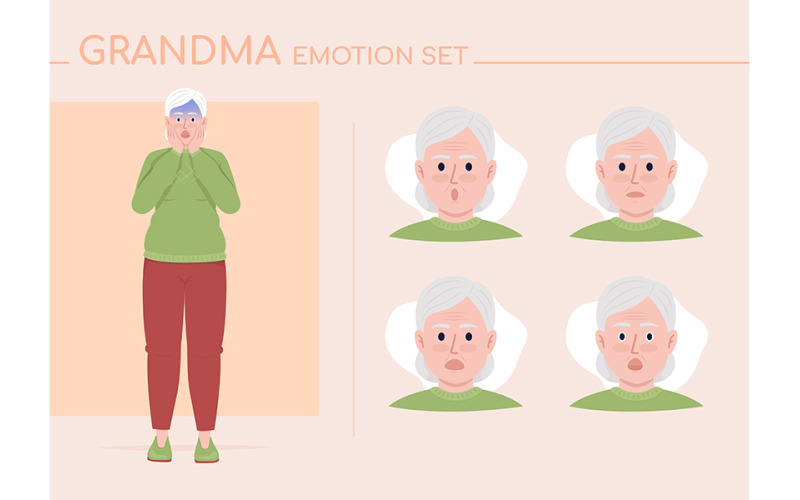 Set di emozioni del personaggio di colore semi piatto della donna anziana spaventata