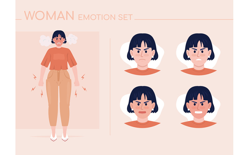 Set di emozioni del personaggio di colore semi piatto della giovane donna arrabbiata