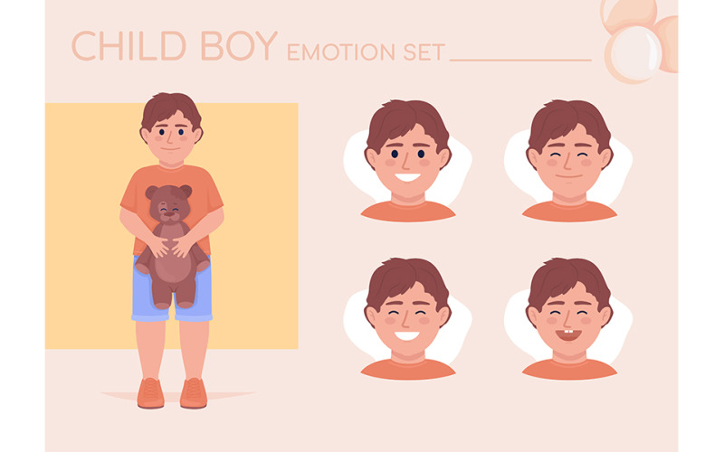 Set di emozioni del personaggio di colore semi piatto felice del ragazzino