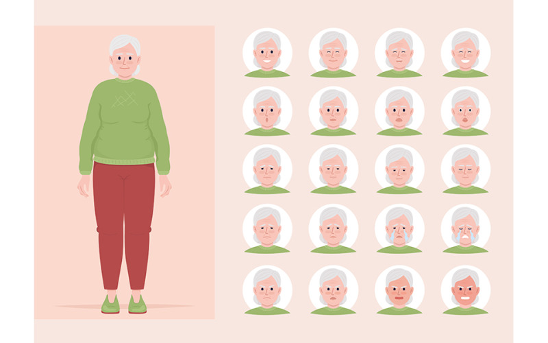 Set di emozioni di personaggi di colore semi piatto con variazioni di umori della donna anziana