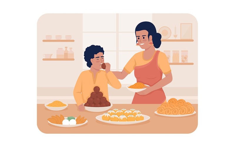 Comendo doces durante a ilustração isolada do vetor 2D de Diwali