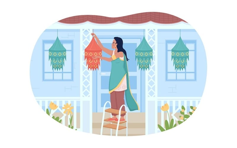 Dekorowanie ganku na festiwal Diwali 2D na białym tle ilustracji wektorowych