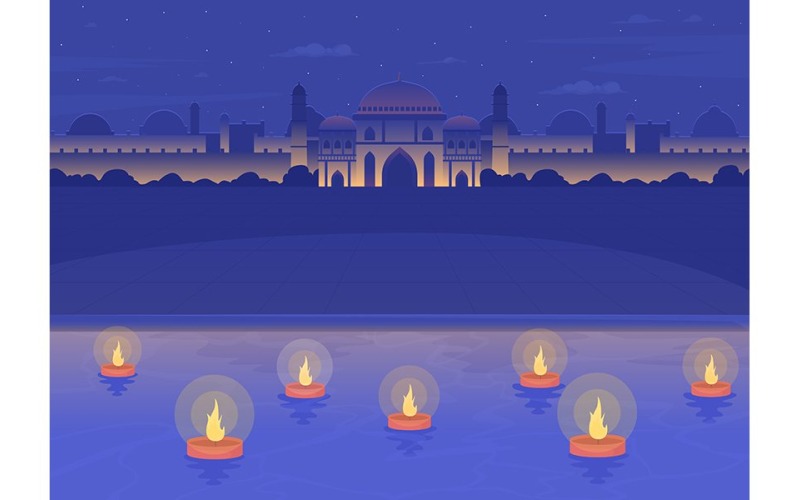 Diwali diyas drijvend in Ganges rivier egale kleur vectorillustratie