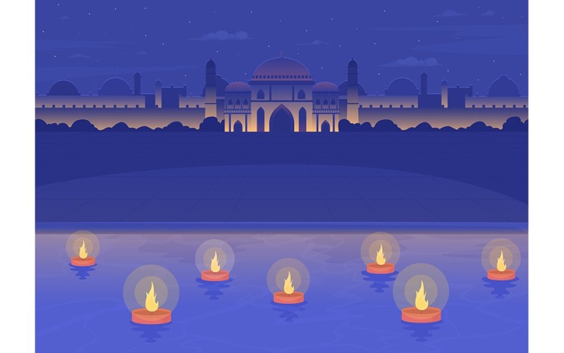 Diwali diyas flotando en el río Ganges ilustración de vector de color plano