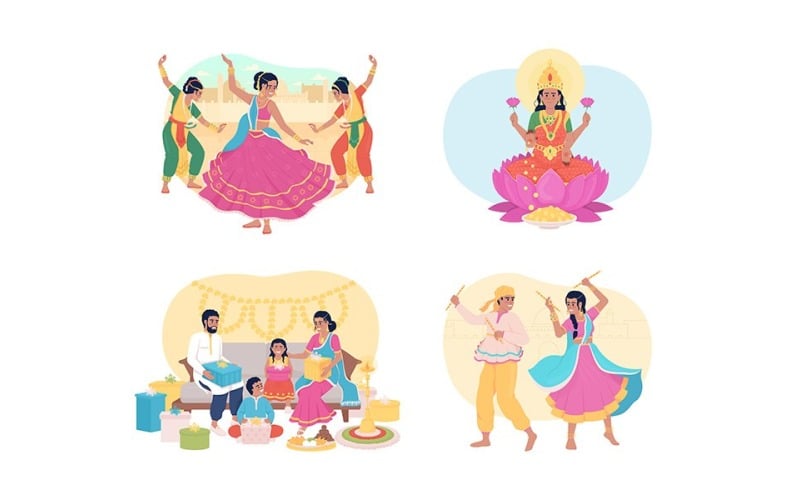 Traditioner under Diwali 2D vektor isolerade illustrationer set