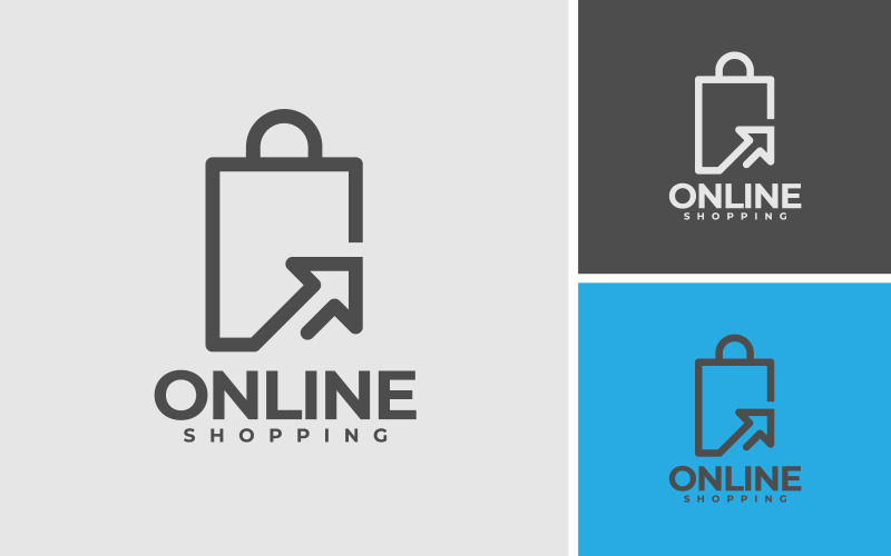Design de logotipo de compras on-line com cursor do mouse e bolsa para Web de comércio eletrônico ou negócios.